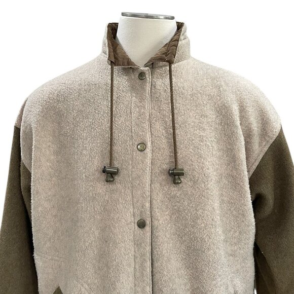 Ladies Sherpa Fleece Jacket L Tan And Olive Oversized Snap Button Coat - Picture 4 of 12